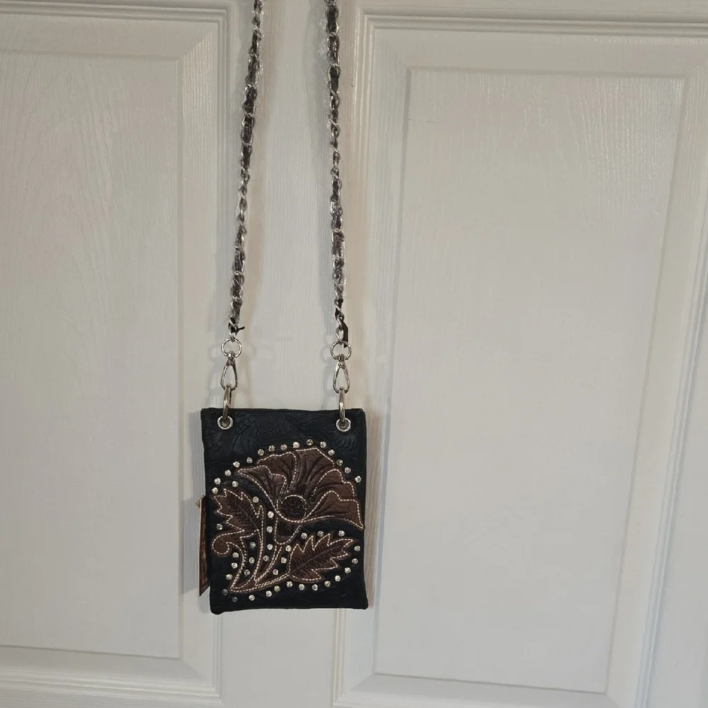 Royal West Elegant Black and Brown Floral Crossbody Bag 5.50